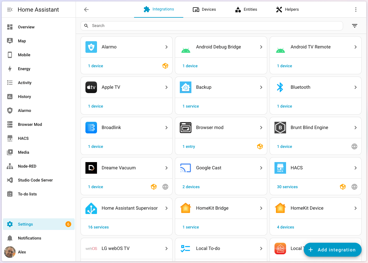 Home Assistant integrations page