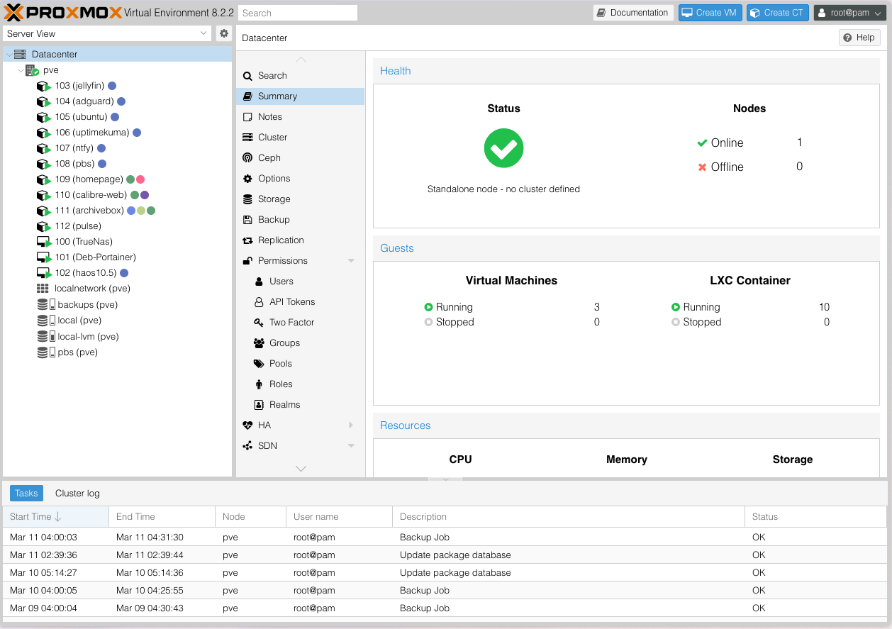 Proxmox VE showing VMs and containers on the LX server